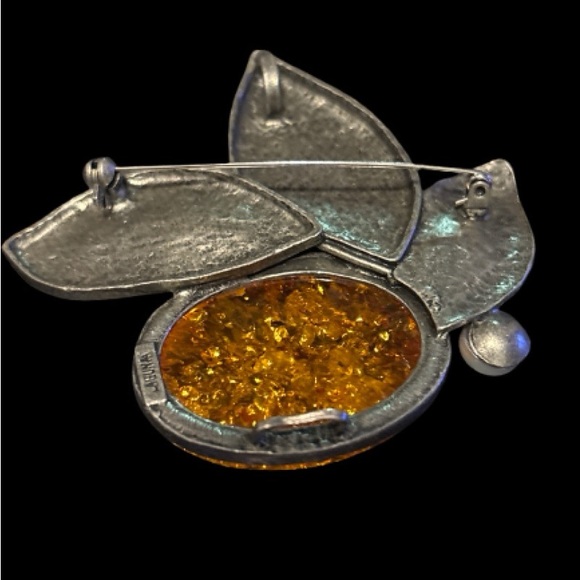 “LAGUNA” signed Silver Leaf Brooch with Honey Amber Stone - Picture 3 of 12